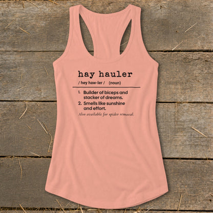 Peach tank top with "Hay Hauler" definition and humorous descriptions.