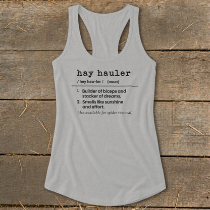 Gray tank top with "hay hauler" definition printed on it.