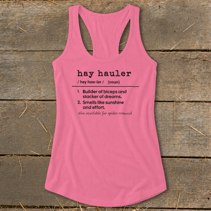 Pink tank top with "hay hauler" definition including biceps and sunshine.