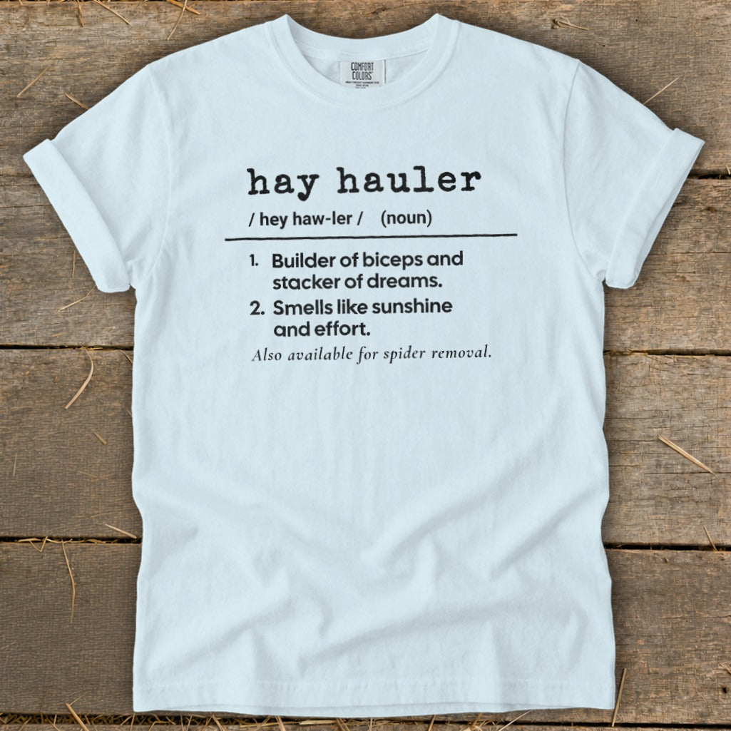 Light blue t-shirt with "hay hauler" definition, including humor.