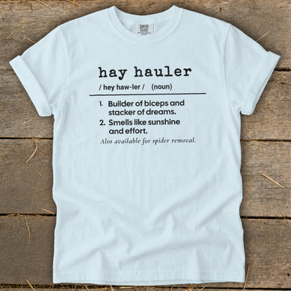 Light blue t-shirt with "hay hauler" definition, including humor.