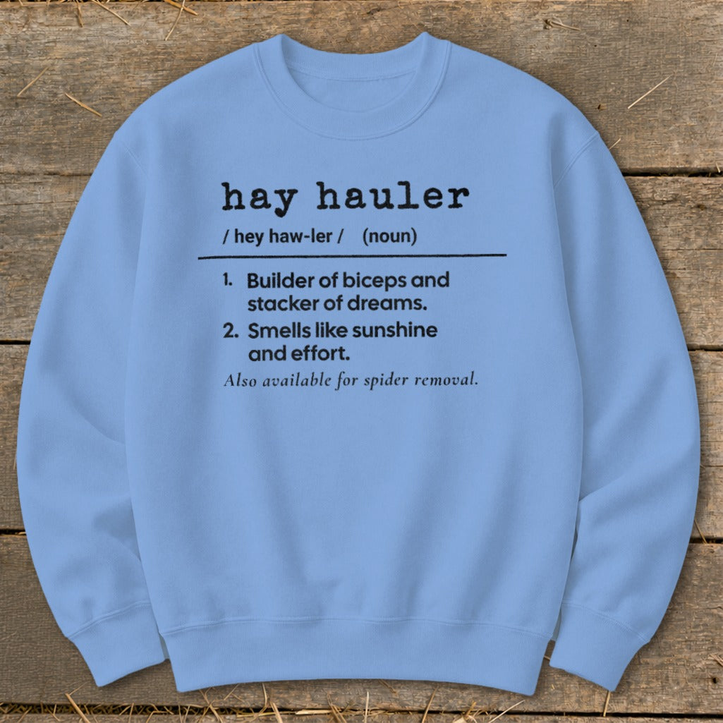 Light blue sweatshirt with "hay hauler" definition and spider removal joke.