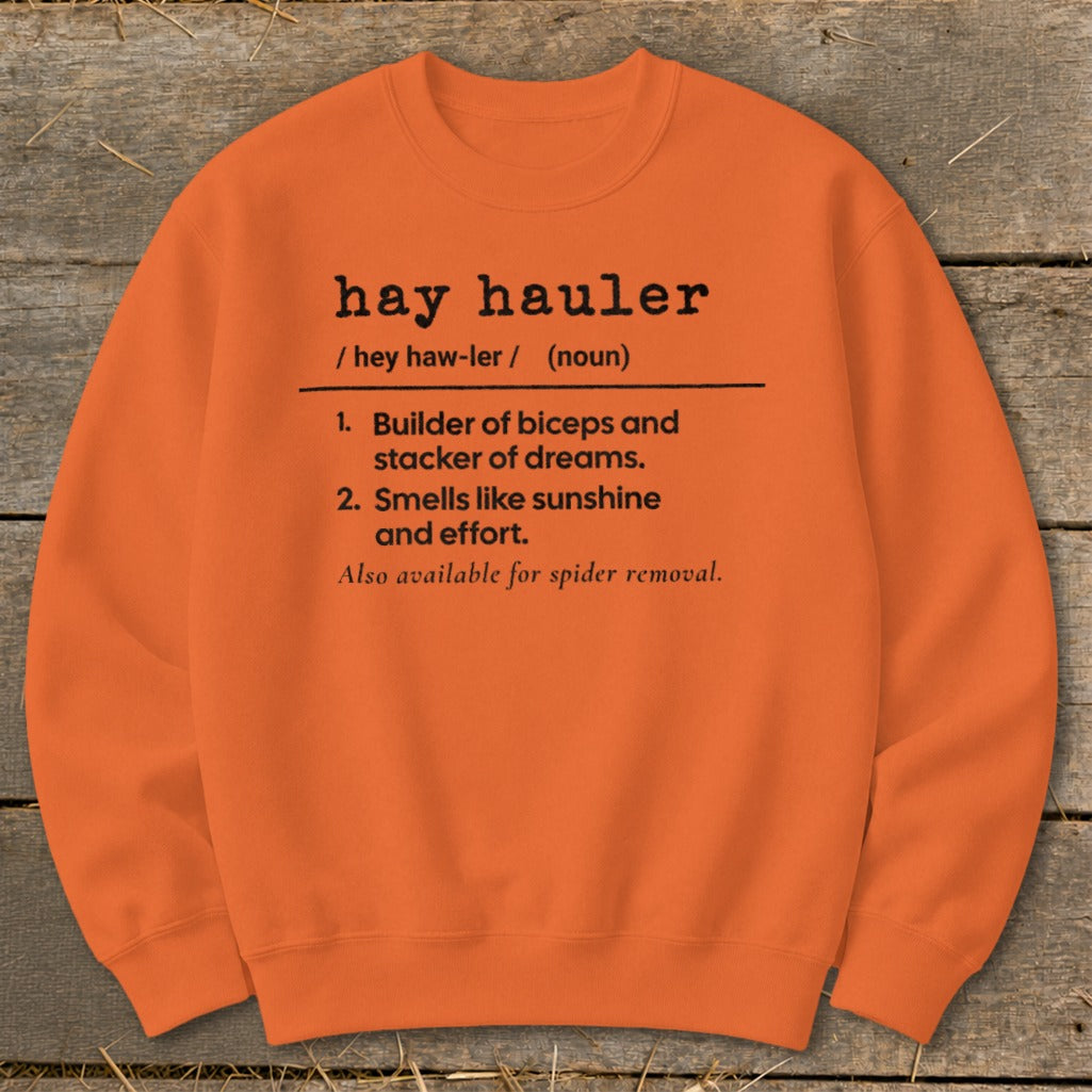 Orange sweatshirt with "hay hauler" definition: builder of biceps, smells like sunshine, spider removal.