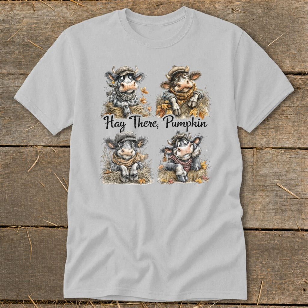 Four cartoon cows in autumn scarves and hats with "Hay There, Pumpkin" text.