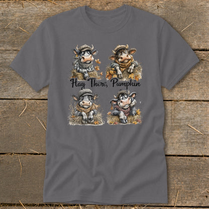 Four cartoon cows wearing hats and scarves, with text "Hay There, Pumpkin".