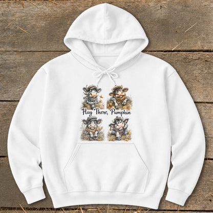 White hoodie with cartoon cows and text "Hay There, Pumpkin."