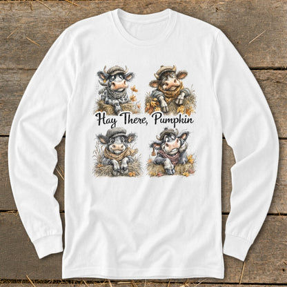 White long-sleeve shirt with four cows and "Hay There, Pumpkin" text.