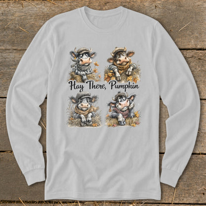 Four illustrated cows wearing scarves and hats with text "Hay There, Pumpkin".