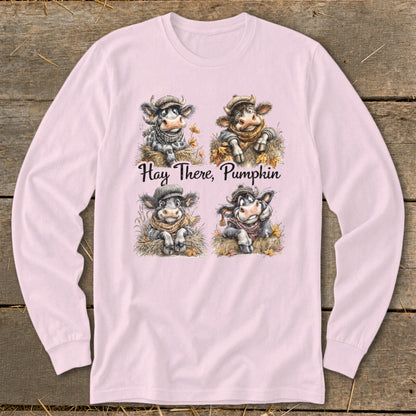 Four cartoon cows wearing hats and scarves, with "Hay There, Pumpkin" text.