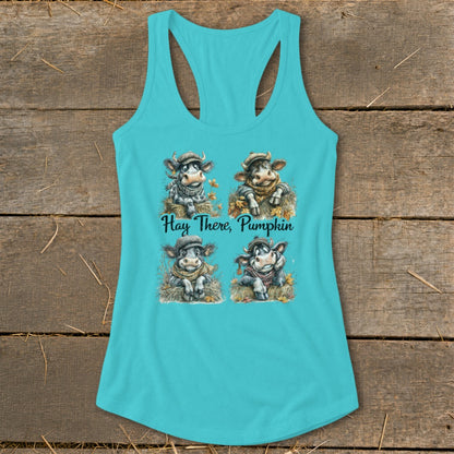 Turquoise tank top with four cartoon cows and the text "Hay There, Pumpkin."