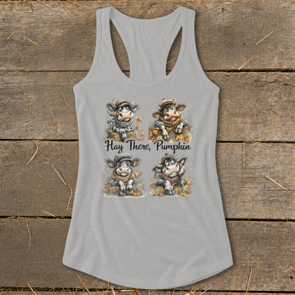 Four cute cows in hats and scarves with text "Hay There, Pumpkin."