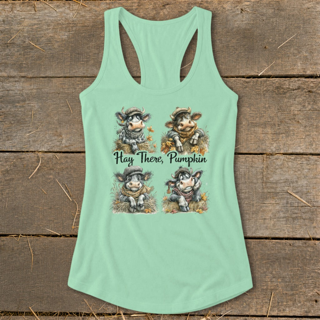 Mint green tank top with four cartoon cows in hats and scarves, "Hay There, Pumpkin" text.