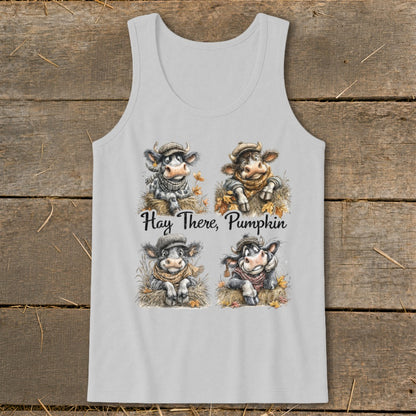 Four cartoon cows with hats and scarves, with text "Hay There, Pumpkin."