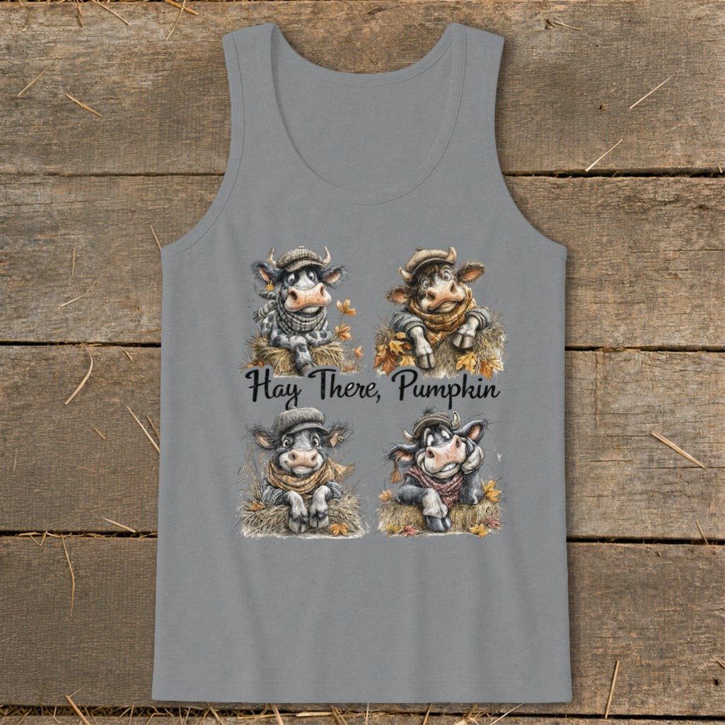 Gray tank top with four illustrated cows wearing scarves and hats, with text "Hay There, Pumpkin".
