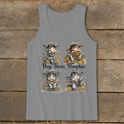 Gray tank top with four illustrated cows wearing scarves and hats, with text "Hay There, Pumpkin".