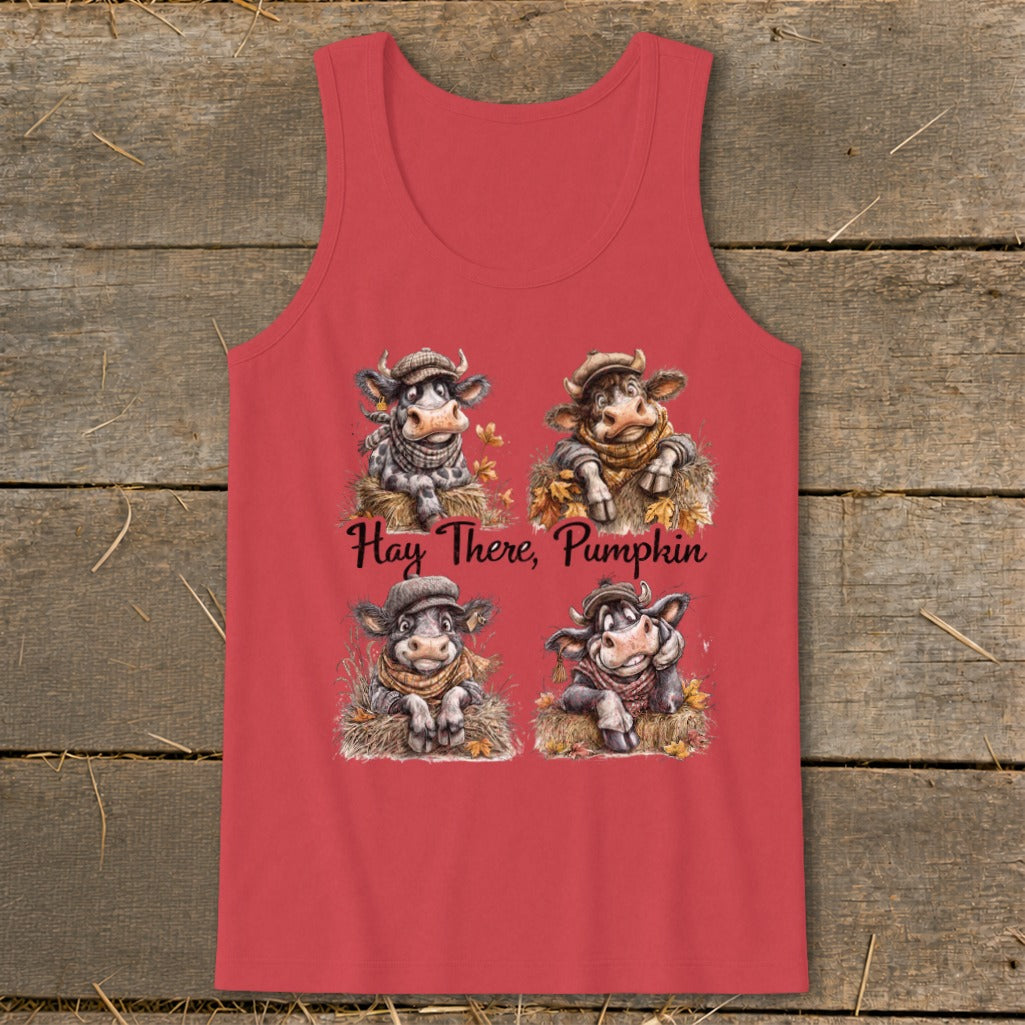 Tank top with four cartoon cows and "Hay There, Pumpkin" text.