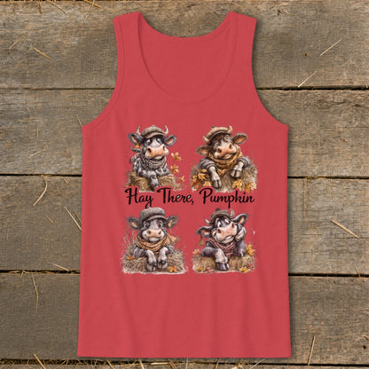 Tank top with four cartoon cows and "Hay There, Pumpkin" text.