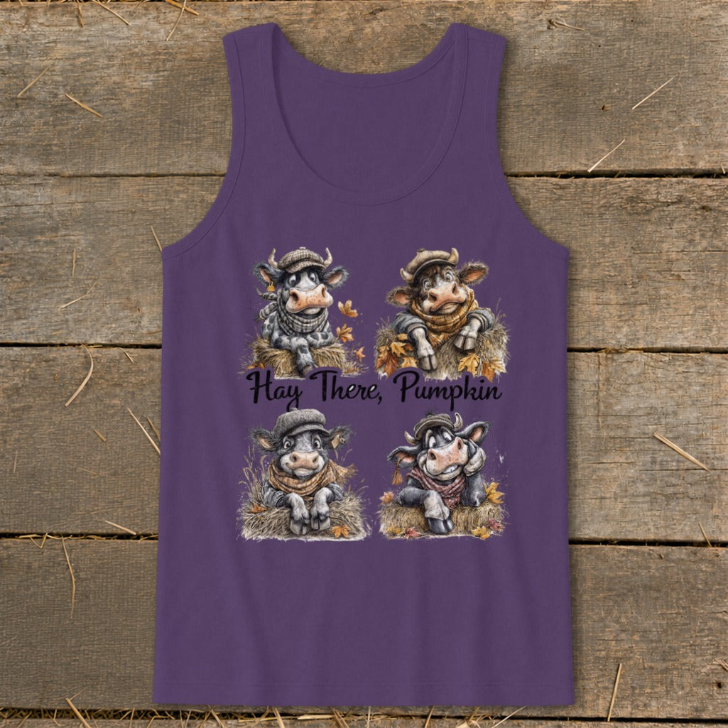 Four cartoon cows in autumnal attire with text "Hay There, Pumpkin".