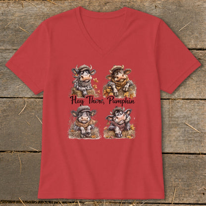 Red t-shirt with four cows wearing hats and scarves, and "Hay There, Pumpkin" text.