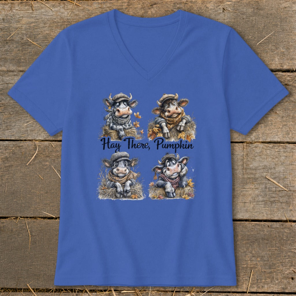 Blue t-shirt with four cartoon cows and text "Hay There, Pumpkin".