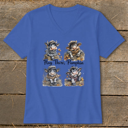 Blue t-shirt with four cartoon cows and text "Hay There, Pumpkin".
