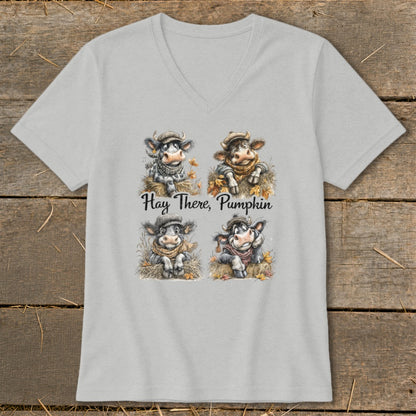Four cute cows in scarves and hats with text "Hay There, Pumpkin".