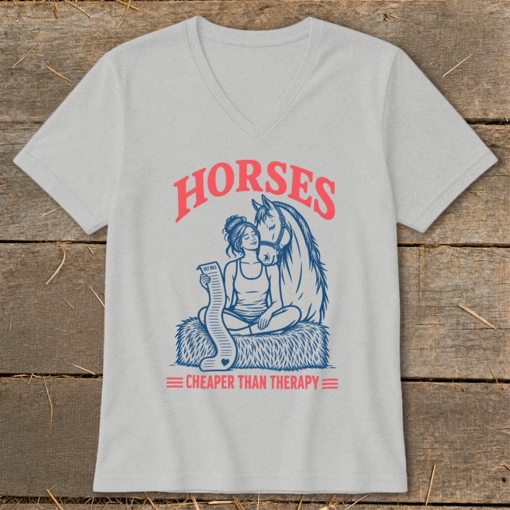 Light grey t-shirt with illustration of woman holding long vet bill next to a horse.