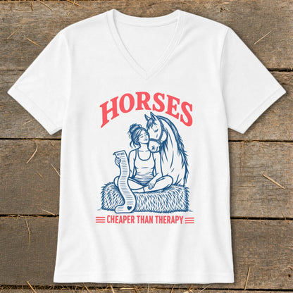 White t-shirt with graphic of a woman and horse and text "Horses Cheaper Than Therapy".