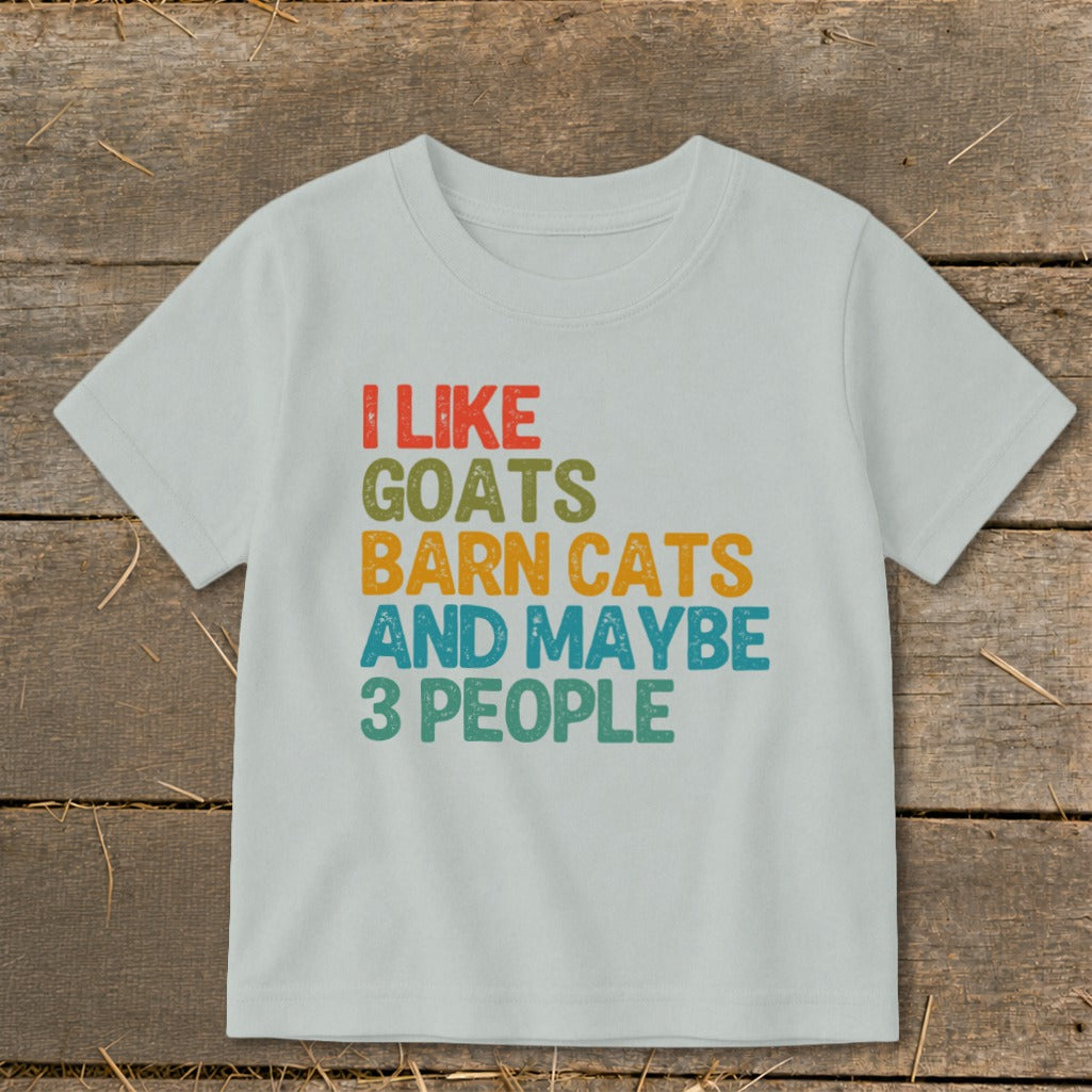 Light blue t-shirt with text "I LIKE GOATS BARN CATS AND MAYBE 3 PEOPLE."