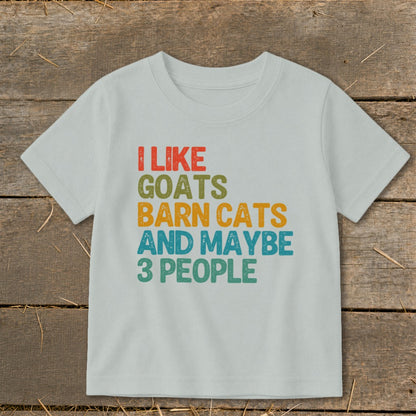 Light blue t-shirt with text "I LIKE GOATS BARN CATS AND MAYBE 3 PEOPLE."