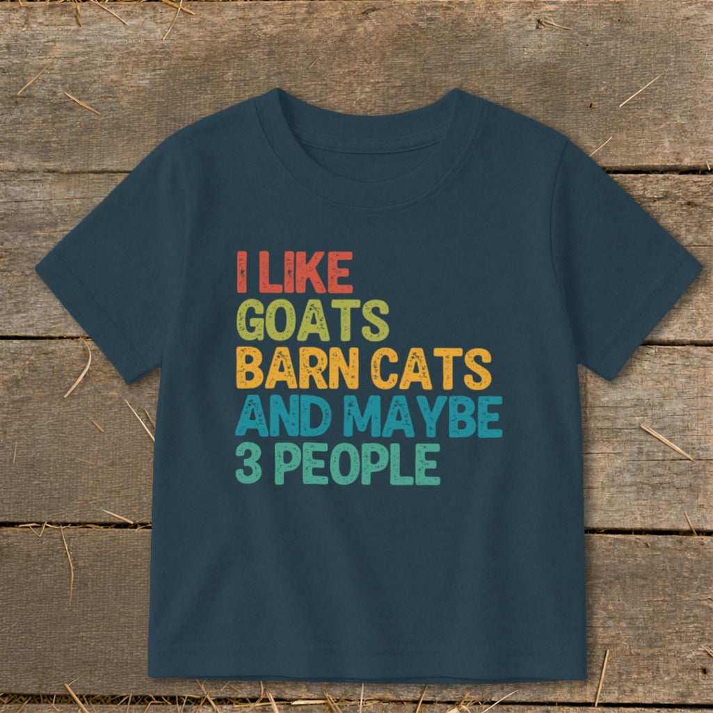 Navy t-shirt with text "I LIKE GOATS BARN CATS AND MAYBE 3 PEOPLE".