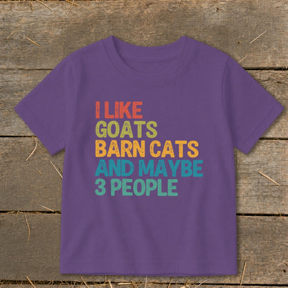 Purple t-shirt with text: I like goats, barn cats and maybe 3 people.