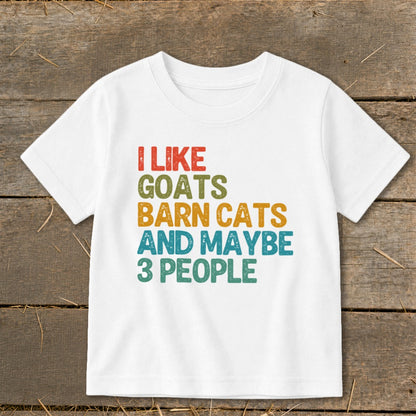 White t-shirt with "I LIKE GOATS BARN CATS AND MAYBE 3 PEOPLE" text.