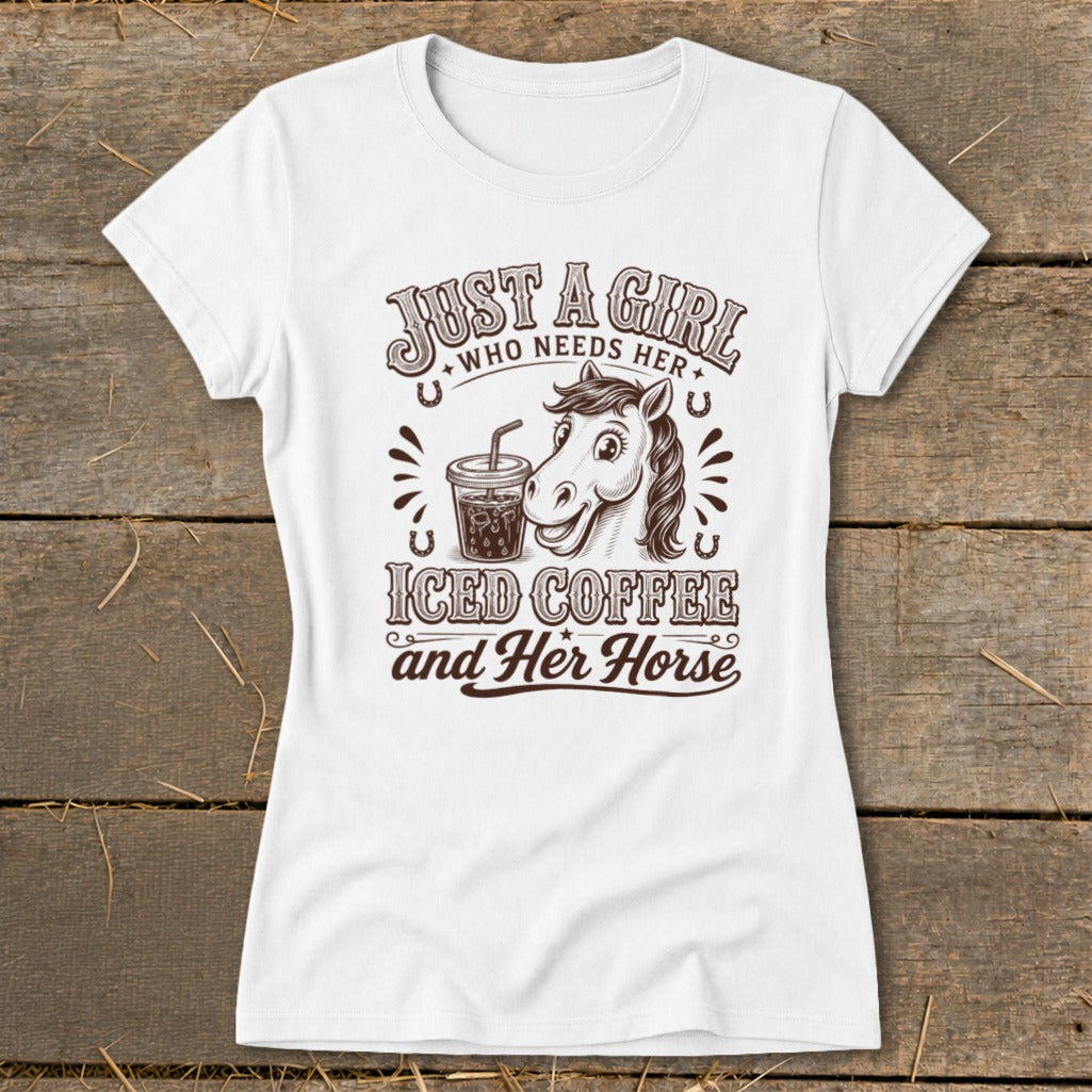White t-shirt featuring brown text and an illustration of a smiling horse and an iced coffee.