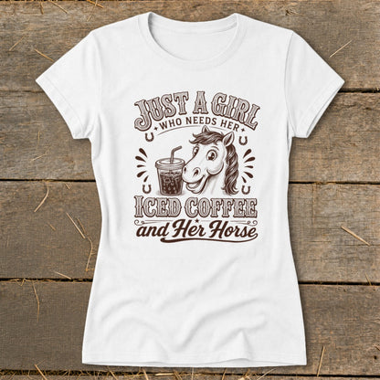 White t-shirt featuring brown text and an illustration of a smiling horse and an iced coffee.