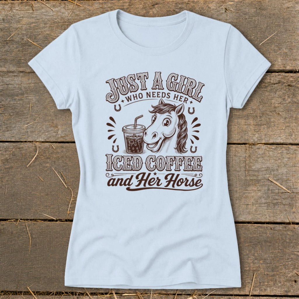 Light blue t-shirt featuring brown text and graphics of a horse with iced coffee.