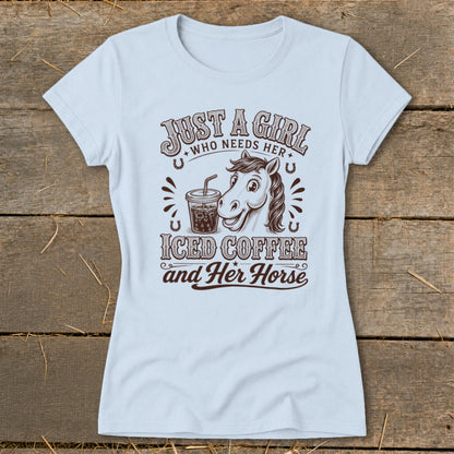 Light blue t-shirt featuring brown text and graphics of a horse with iced coffee.