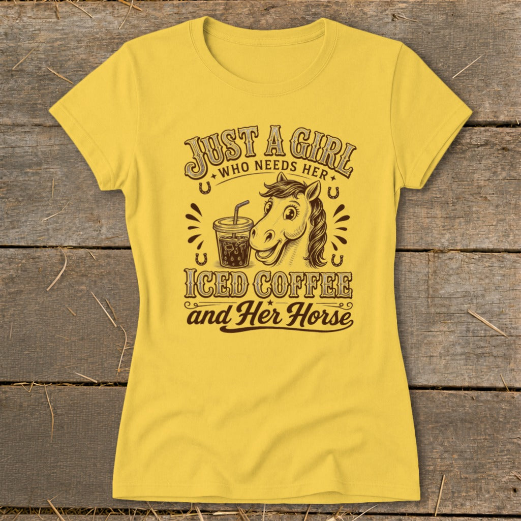 Yellow women's t-shirt featuring graphic text and an illustration of a horse and iced coffee.