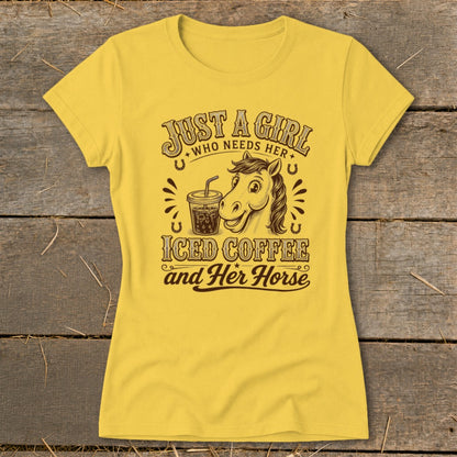 Yellow women's t-shirt featuring graphic text and an illustration of a horse and iced coffee.