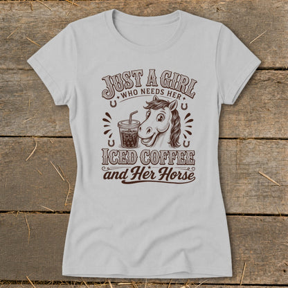 Light gray t-shirt with brown graphic text and illustration of a horse holding iced coffee.