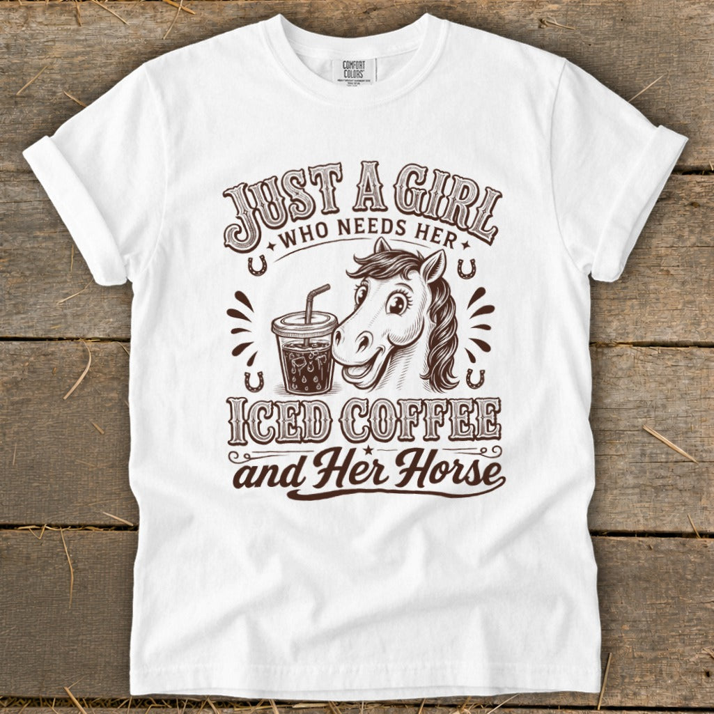 White t-shirt featuring brown text and an illustration of a horse and iced coffee.