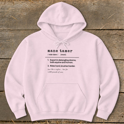 Pink hoodie with "mane tamer" definition and humorous descriptions.