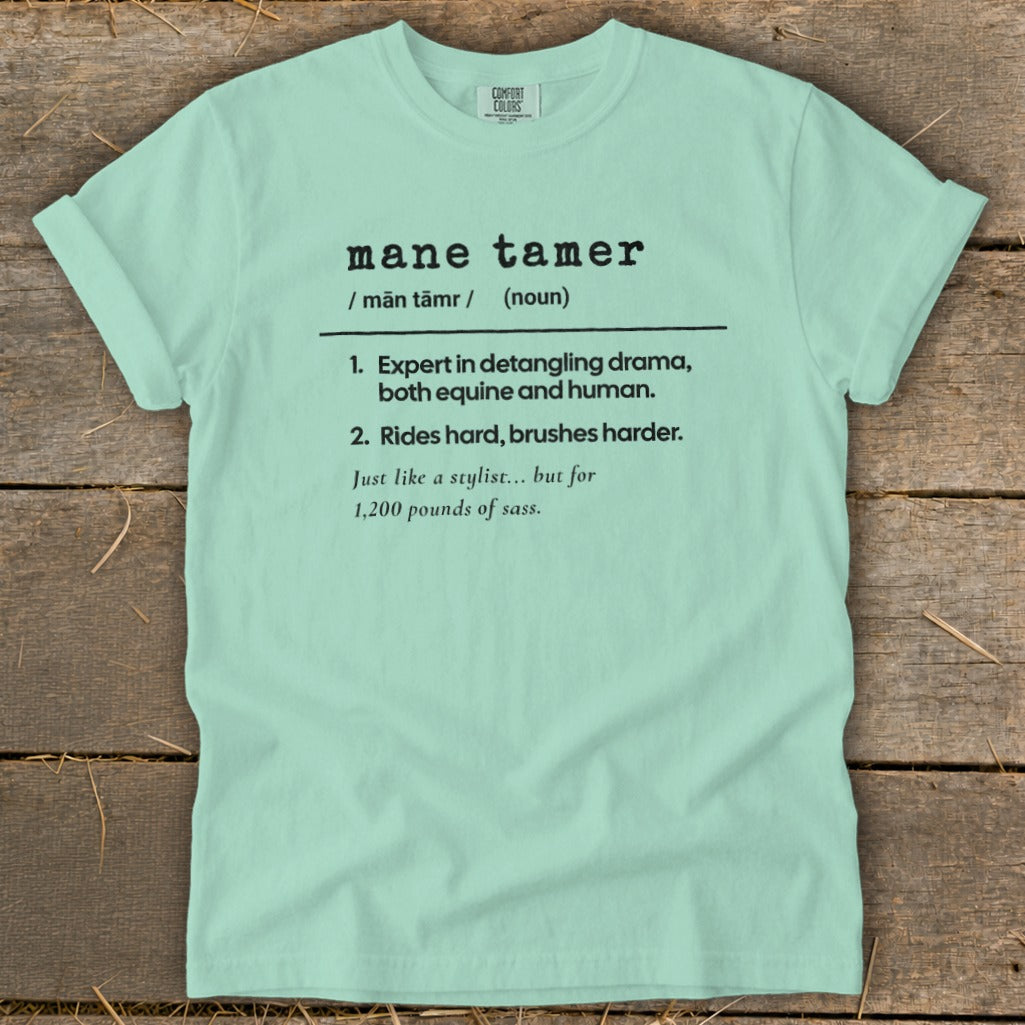 Light mint t-shirt with "mane tamer" definition and humorous equestrian text.
