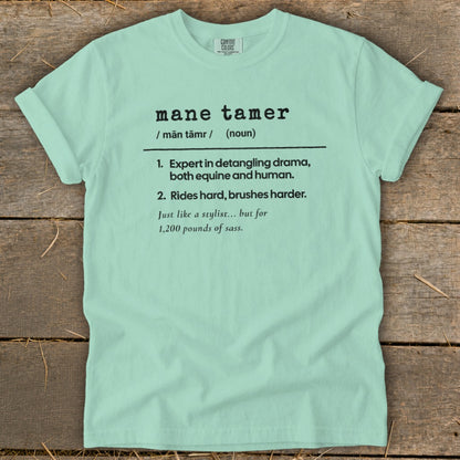 Light mint t-shirt with "mane tamer" definition and humorous equestrian text.