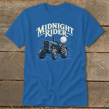 A blue short-sleeve t-shirt features a vintage tractor graphic and the text Midnight Rider.