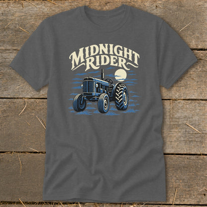 Charcoal gray short-sleeve t-shirt with a blue tractor graphic and the text Midnight Rider.
