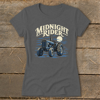 A charcoal gray t-shirt featuring a blue tractor graphic and the text Midnight Rider.