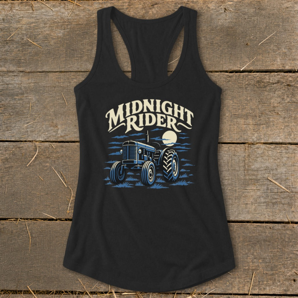 A black racerback tank top featuring a graphic of a blue tractor with text reading Midnight Rider.