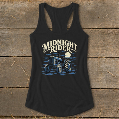 A black racerback tank top featuring a graphic of a blue tractor with text reading Midnight Rider.