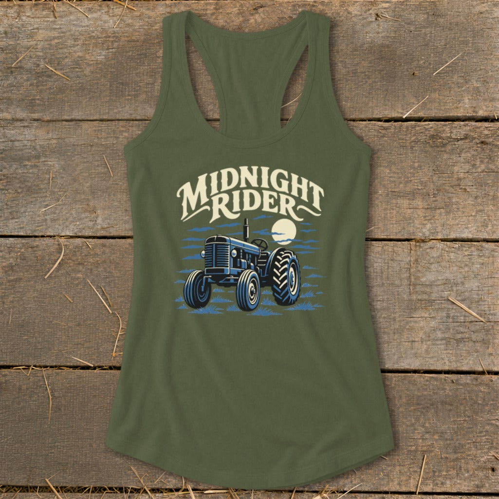 An olive green racerback tank top featuring a graphic of a blue tractor with text that reads Midnight Rider.